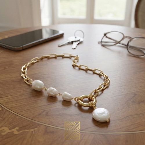 Le maéva Collier Perle d’Eau Douce Baroque & Double Anneau Doré